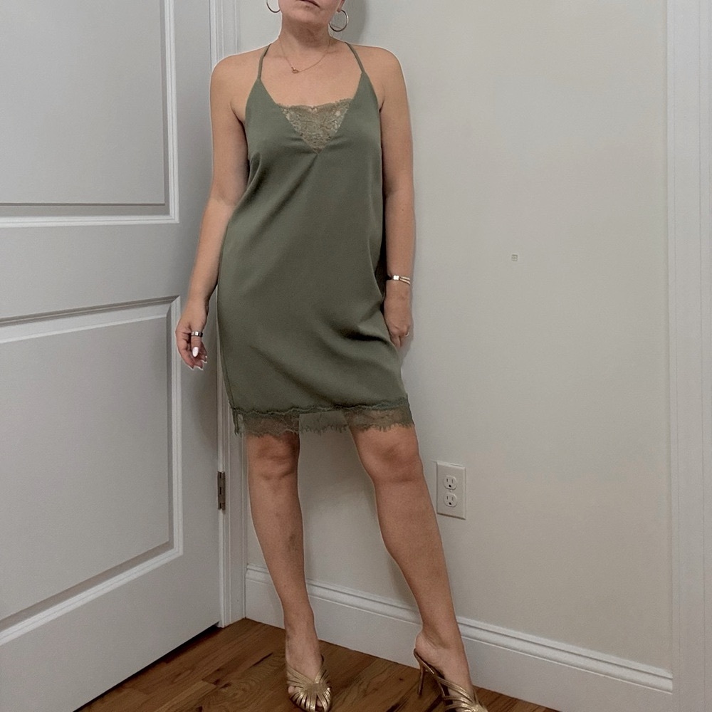 Elegant Olive Green Lace Slip Dress